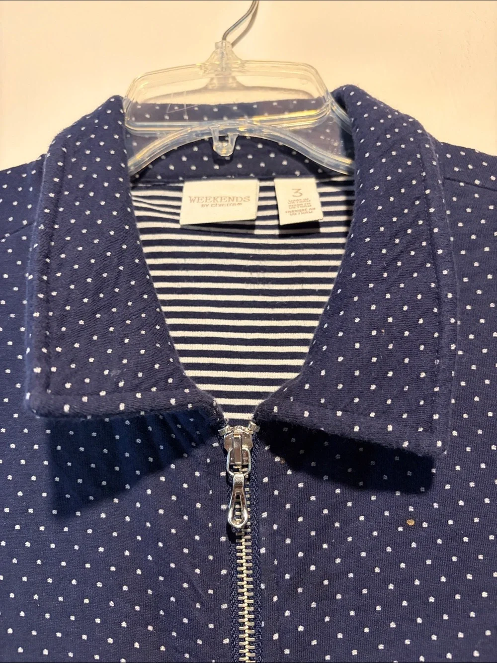 Weekends by Chico’s Full Zip Blue Stripe Polka Dot Collar Pockets Jacket Size XL